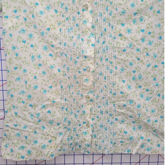 Vintage Floral Blue‎ Green Tuxedo Pleat Romantic Coquette Short Sleeve Blouse - Picture 8 of 10